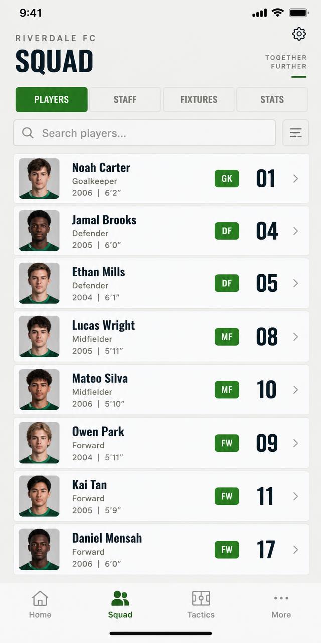 Squad list with player cards and indexes